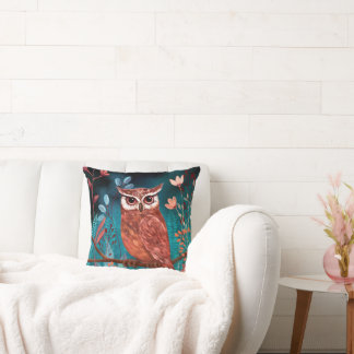 Hand-illustrated owl by the artist - Boho Nature Throw Pillow
