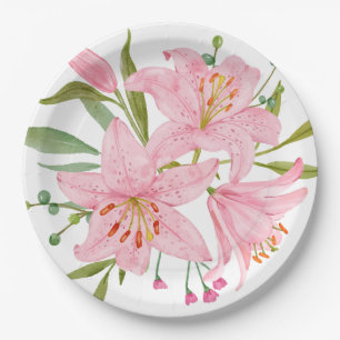 Hand Illustrated pink Oriental Lily's price cut Paper Plates