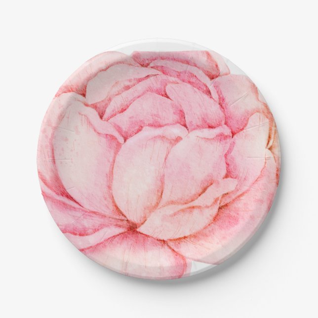 Hand Illustrated Pink Peony  Paper Plates (Front)