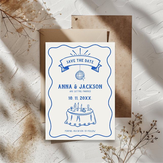 Hand Illustrated Quirky Retro Drawing Blue Wedding Save The Date (Retro Hand Illustrated Blue And White Quirky Wedding Save the Date )