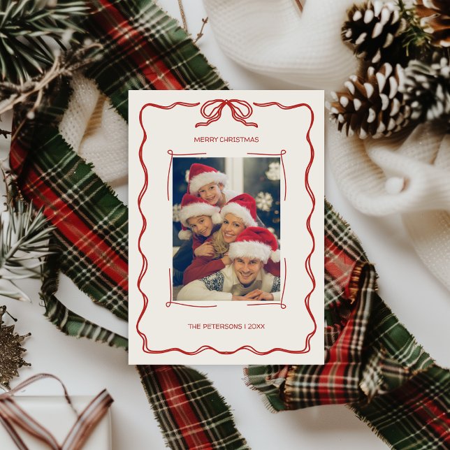Hand-illustrated Red Green Retro Photo Christmas  Holiday Card (Simple Hand Drawn Red Christmas Card with Family Photo and Bow Ribbon Unique Quirky Trendy Aesthetic)