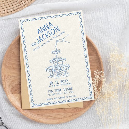 Hand Illustrated Retro Vintage French Blue Wedding Invitation