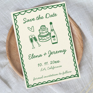 Hand Illustrated Vintage Colorful Green Wedding Save The Date