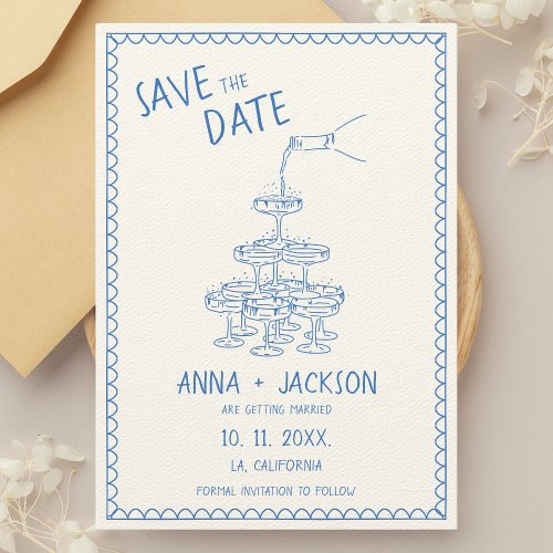 Hand Illustrated Vintage French Blue Wedding Save The Date