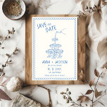 Hand Illustrated Vintage French Blue Wedding Save The Date<br><div class="desc">Vintage French Champagne Tower Save the Date Card: A Touch of Timeless Elegance Announce your special day in style with our Vintage French Champagne Tower Save the Date Card, a masterpiece of hand-illustrated artistry inspired by vintage French invitations. This unique and trendy design features a soft white background adorned with...</div>
