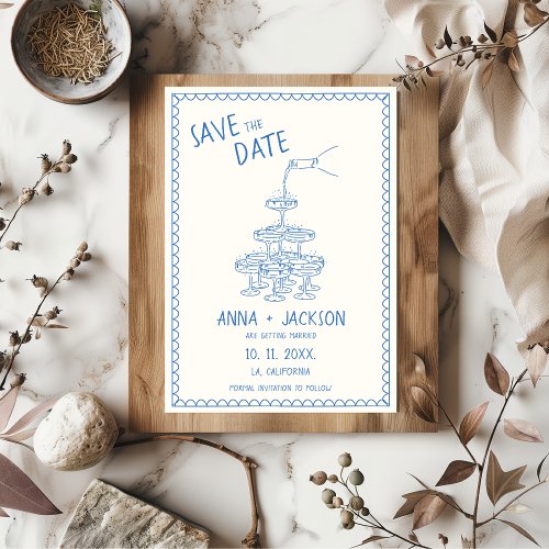 Hand Illustrated Vintage French Blue Wedding Save The Date