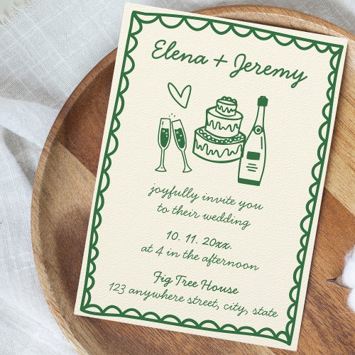 Hand Illustrated Vintage French Green Wedding Invitation