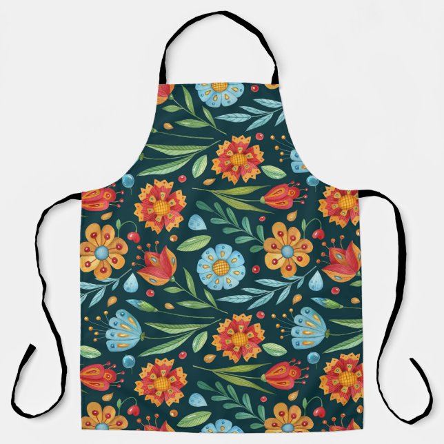 Hand-Illustrated Watercolor Flower Pattern Apron (Front)