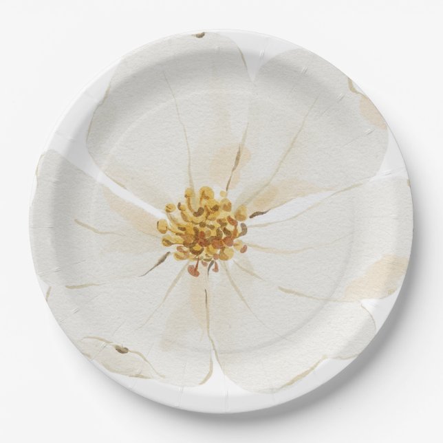Hand Illustrated White Peony  Paper Plates (Front)