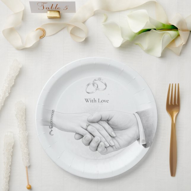 Hand in Hand Romantic Minimalist Wedding Paper Plates (Wedding)
