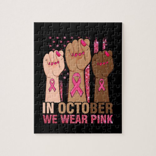 Hand In october we wear pink breast cancer Jigsaw Puzzle