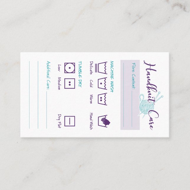 Hand Knit Care Card Washing Instructions (Front)