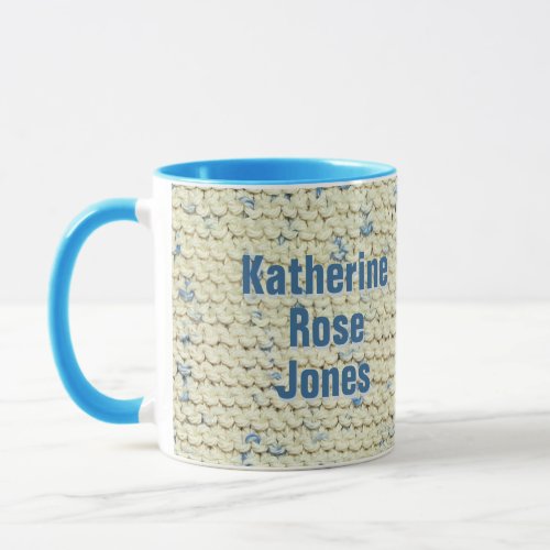 Hand Knit Garter Stitch Pattern Cream  Blue Yarn Mug