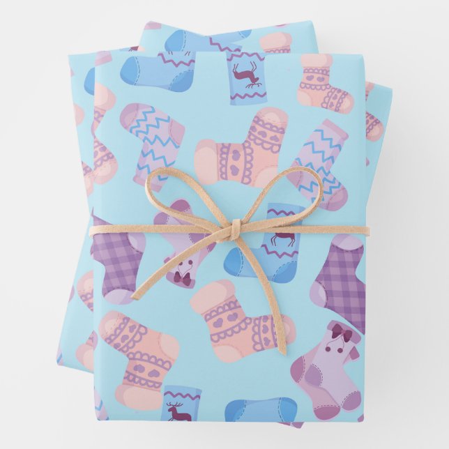 Hand Knitted Socks Tiled Pattern Blue Wrapping Paper Sheets (In situ)