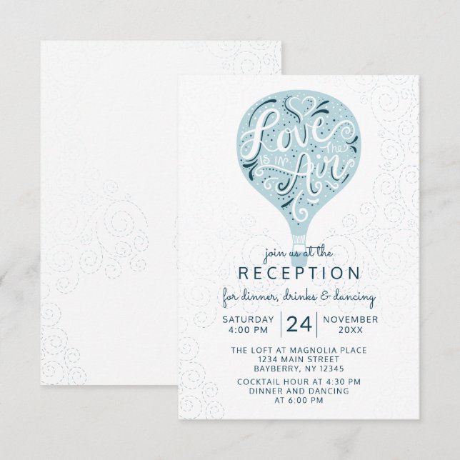 Hand Letter Blue Hot Air Balloon Wedding Reception Invitation (Front/Back)