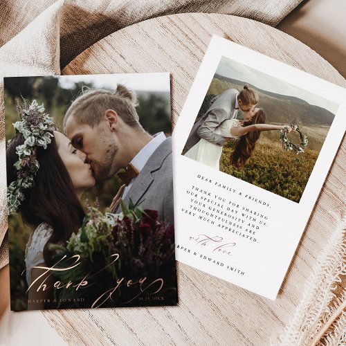 Hand Lettered 2 Photo Wedding Thank You Foil Card 