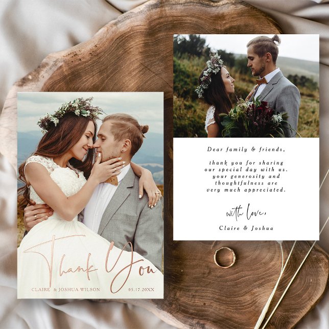 Hand Lettered 2 Photo Wedding Thank You Foil Card (Front & Back)