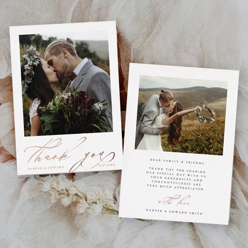 Hand Lettered 2 Photo Wedding Thank You Foil Card 