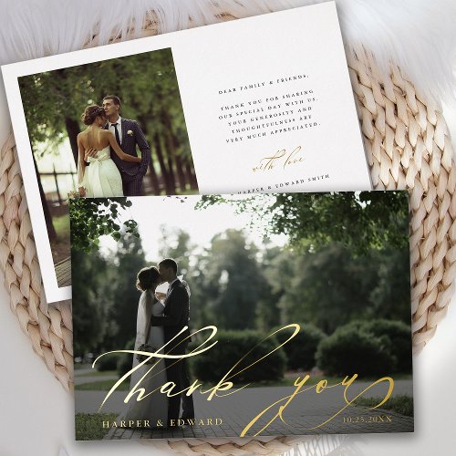 Hand Lettered 2 Photo Wedding Thank You Foil Card