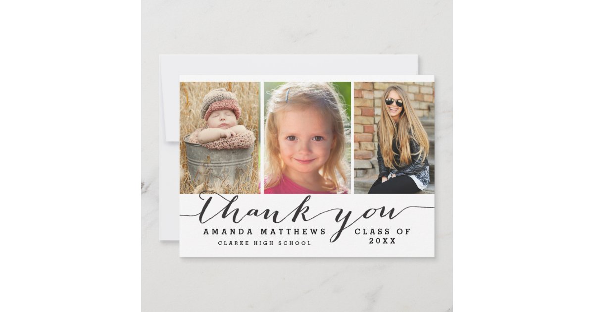 Hand Lettered Graduation Hand Lettered 3 Photo Graduation Thank You Card | Zazzle