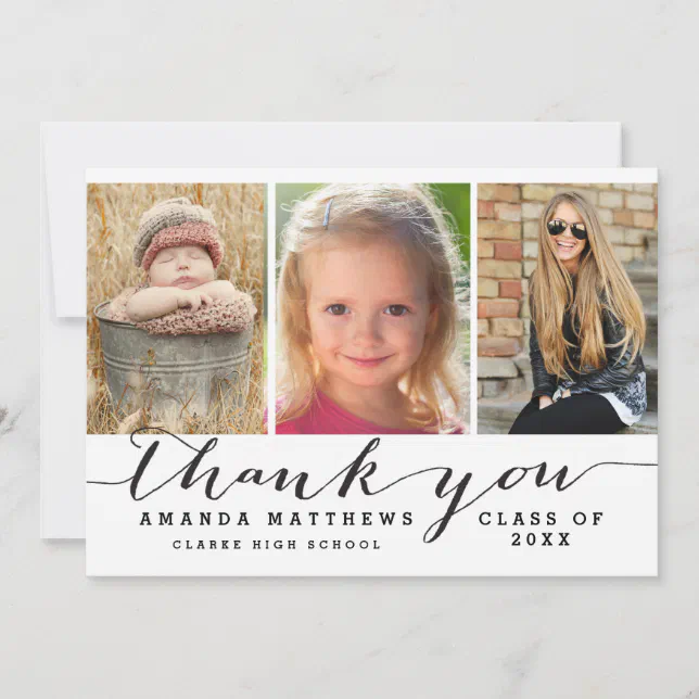 Hand Lettered Graduation Card Hand Lettered 3 Photo Graduation Thank You Card | Zazzle