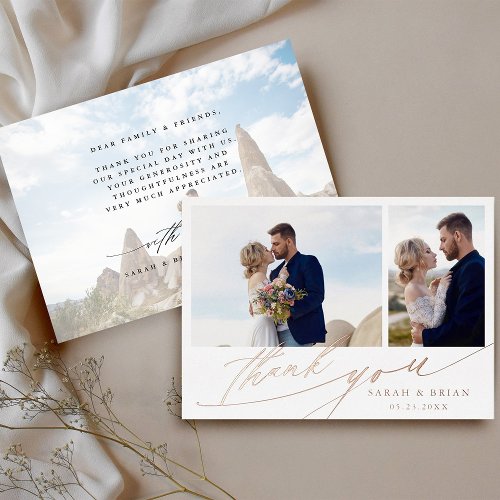 Hand Lettered 3 Photo Wedding Thank You Foil Card