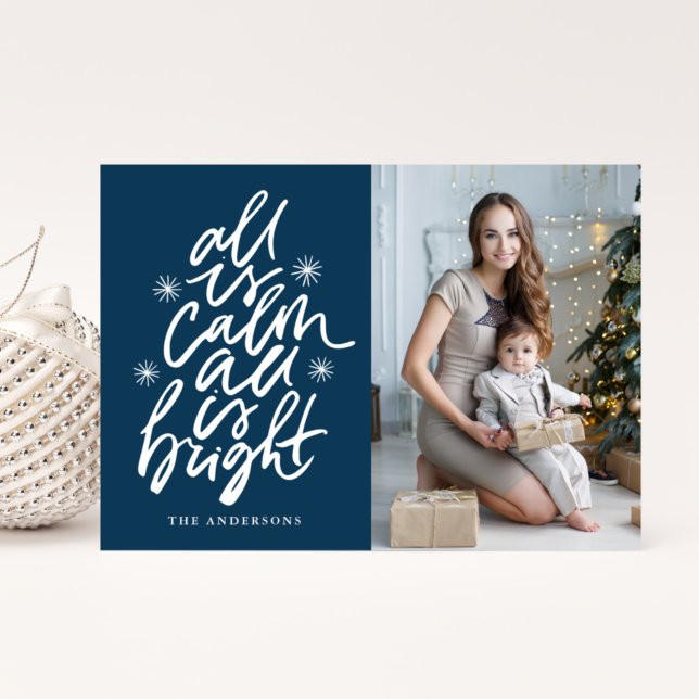 Hand-Lettered All Is Calm All Is Bright Navy Photo Holiday Card (Creator Uploaded)