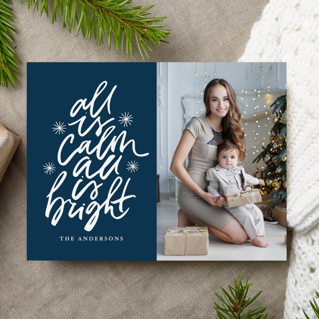 Hand-Lettered All Is Calm All Is Bright Navy Photo Holiday Postcard (Creator Uploaded)