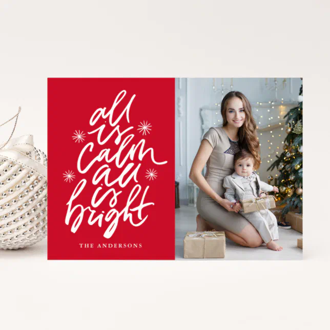 Hand-Lettered All Is Calm All Is Bright Red Photo Holiday Card | Zazzle