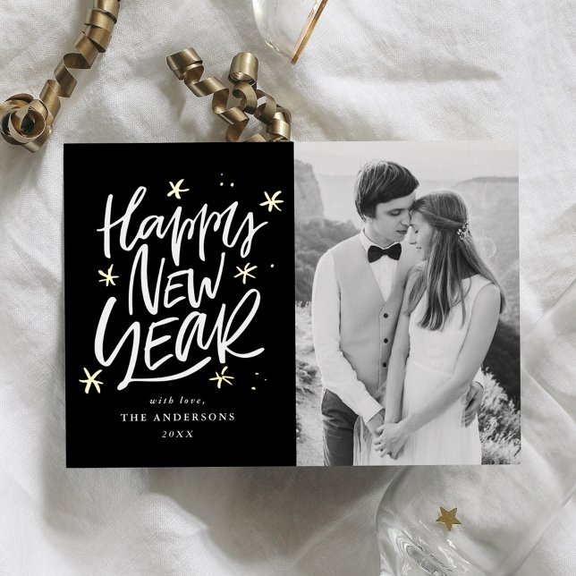 Hand-Lettered Black & Gold Happy New Year Photo Foil Holiday Card (Creator Uploaded)