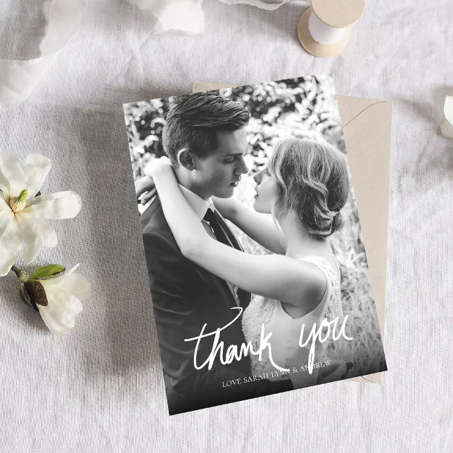 Hand Lettered Black & White Wedding Thank You Card | Zazzle