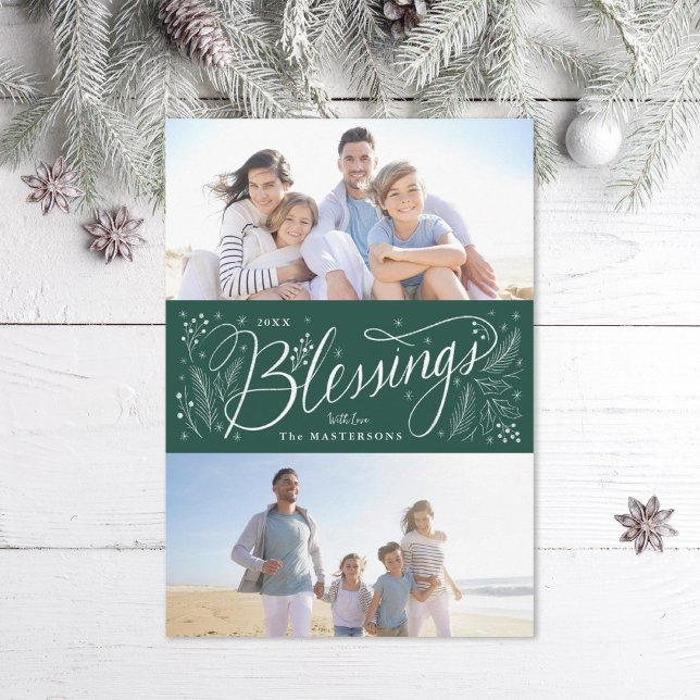 Hand-lettered Blessings 2 Photo Holiday Card (Creator Uploaded)