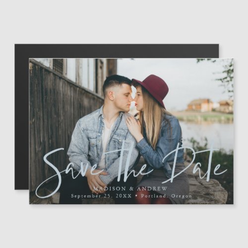 Hand_Lettered Blue Script Photo Save The Date Magnetic Invitation