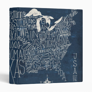 Hand Lettered Blue USA Map 3 Ring Binder