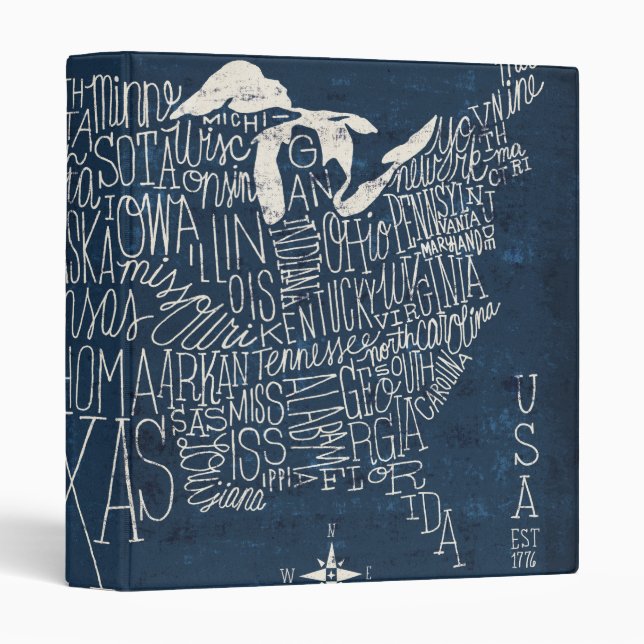 Hand Lettered Blue USA Map 3 Ring Binder (Front/Spine)
