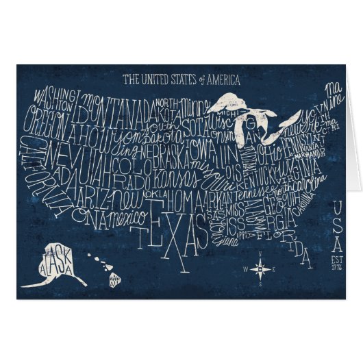 Hand Lettered Blue USA Map Cards (Front Horizontal)