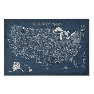 Hand Lettered Blue USA Map Faux Canvas Print