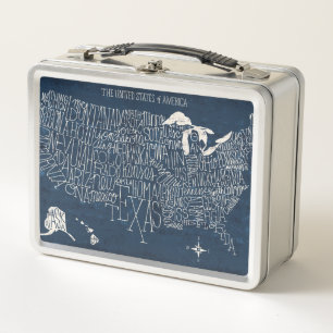 Hand Lettered Blue USA Map Metal Lunch Box