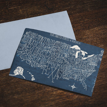 Hand Lettered Blue Usa Map Postcard by wildapple at Zazzle