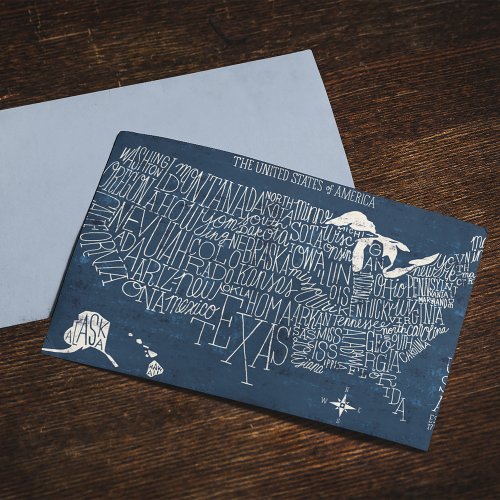 Hand Lettered Blue USA Map Postcard
