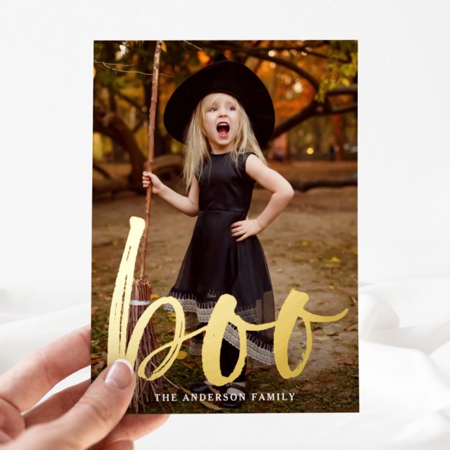 Hand-Lettered Boo Photo Halloween Foil Holiday Card (Creator Uploaded)