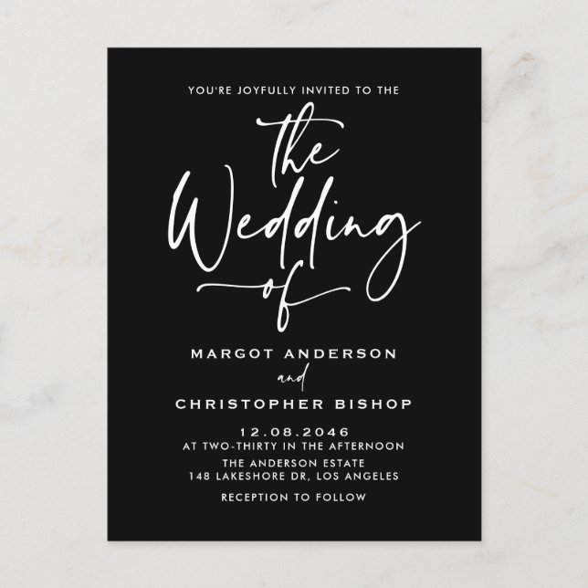 Hand Lettered Calligraphy Black Wedding Invitation Postcard (Front)
