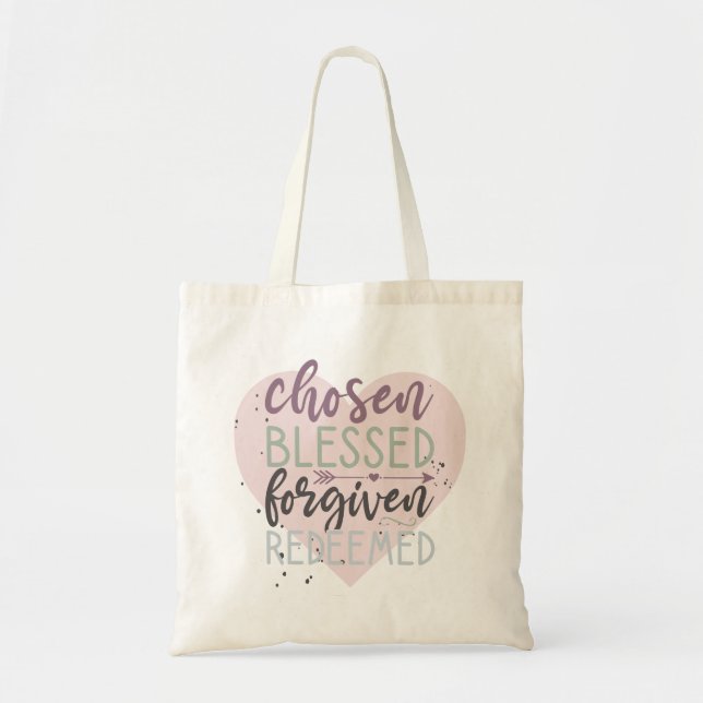 Hand Lettered Chosen Blessed Forgiven Redeemed Tote Bag (Front)