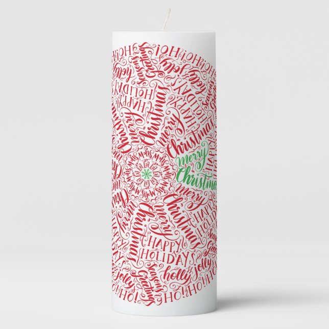 Hand-Lettered Christmas Mandala Word Art Script Pillar Candle (Front)
