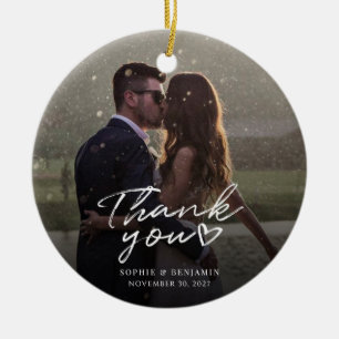 Hand-Lettered Christmas Wedding Photo Thank You Ceramic Ornament