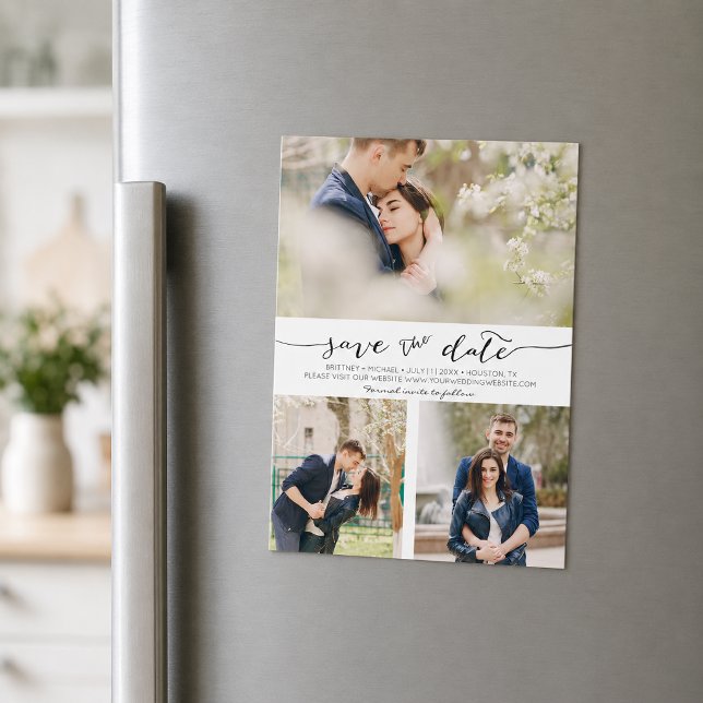 Hand Lettered Collage Save the Date Magnet (Pick the best pictures from your engagement shoot or your favorite pictures for this save the date.)
