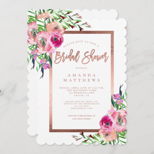 Hand Lettered Copper Script Floral Bridal Shower Invitation