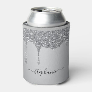 Hand Lettered Custom Name Silver Glitter Drips Can Cooler