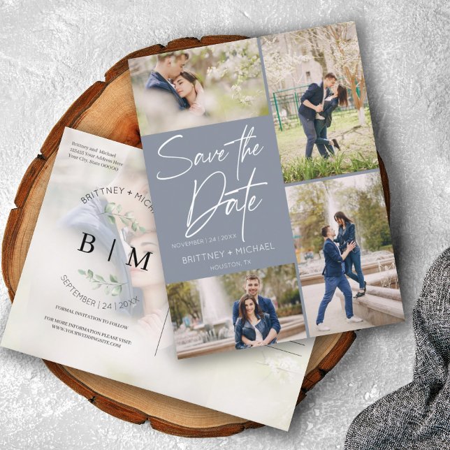 Hand Lettered Dusty Blue Collage Save The Date Announcement Postcard (Creator Uploaded)