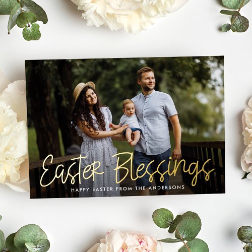 Hand_Lettered Easter Blessings Photo Foil Holiday Card